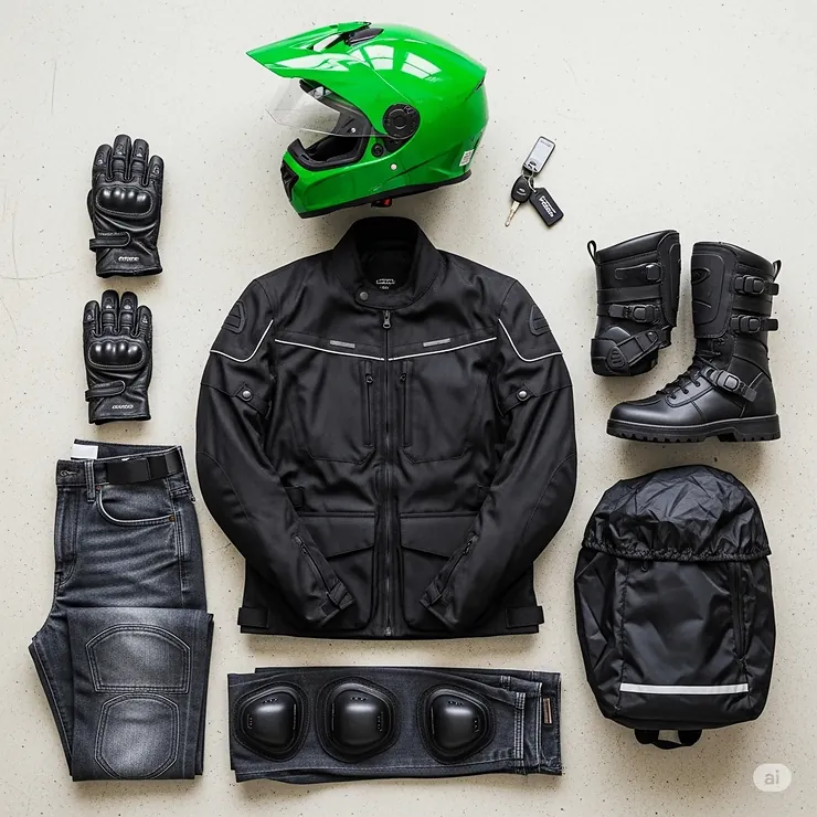 Complete set of motorcycle gear featuring a prominent green helmet alongside riding gloves and a protective jacket.