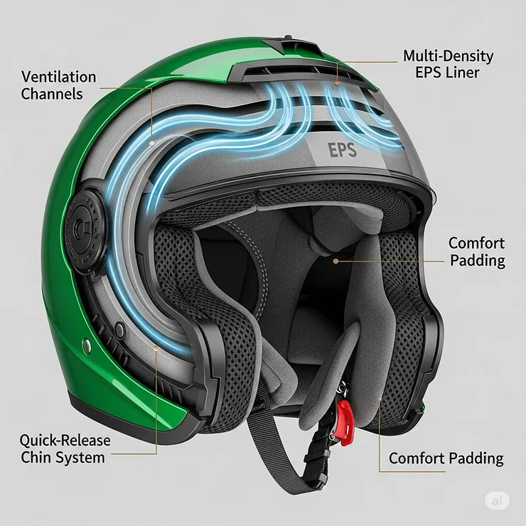 Cutaway view of a green motorcycle helmet illustrating key safety features like optimized ventilation systems and comfortable interior padding.