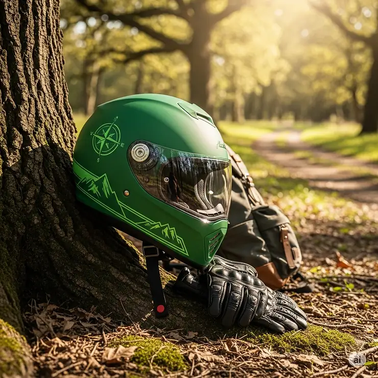 A vibrant green motorcycle helmet resting against a tree trunk in a picturesque outdoor setting, ready for adventure.