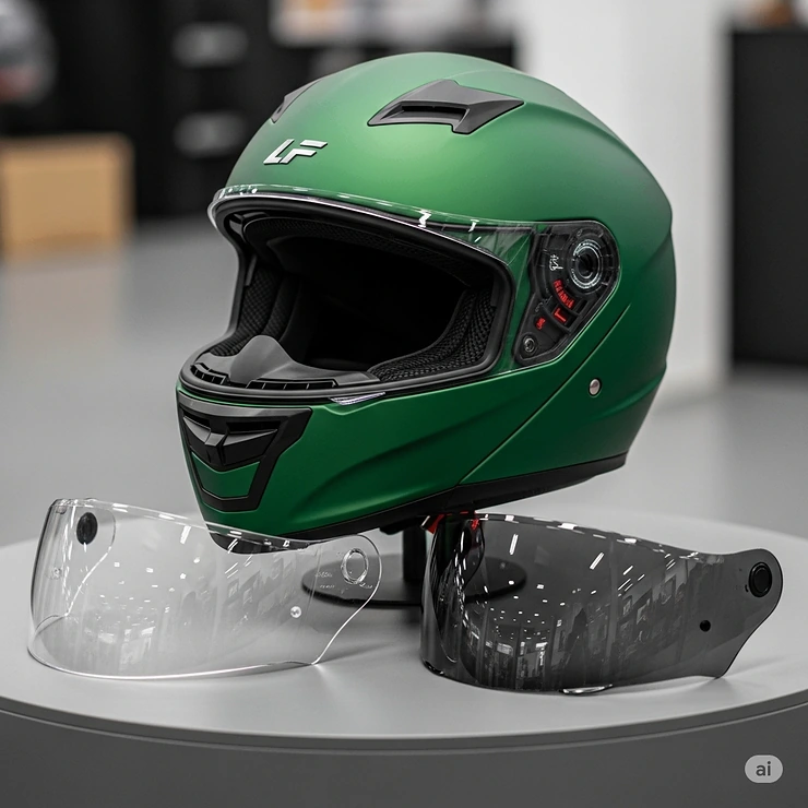 Green motorcycle helmet displayed with interchangeable visors, including a clear and a tinted option, for different riding conditions.