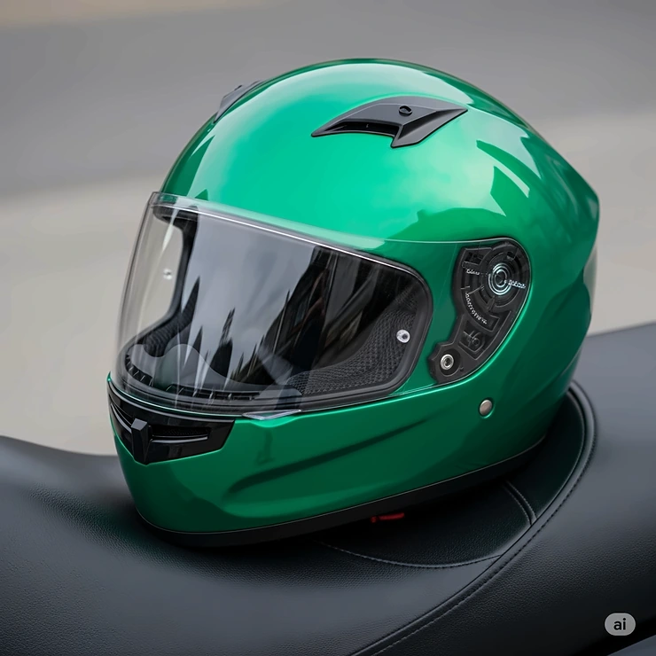Close-up of a vibrant green motorcycle helmet with a clear visor, resting on a black leather seat, ready for a ride.