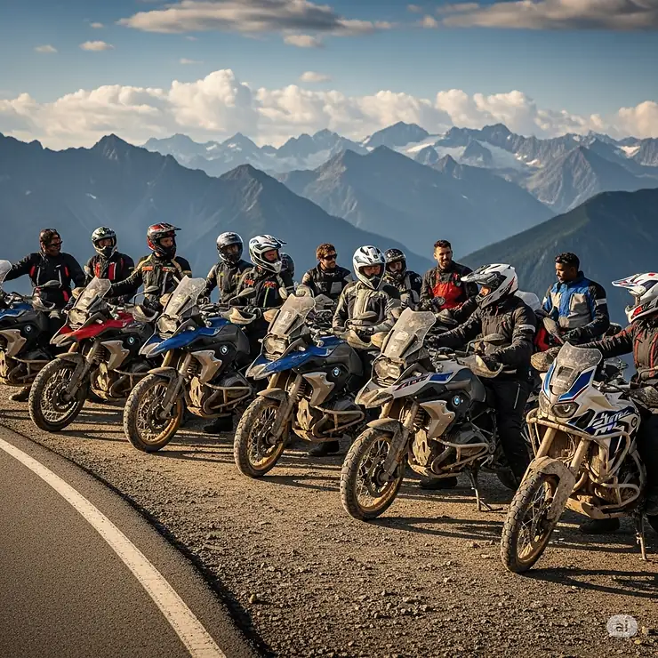 A diverse group of adventure motorcycle riders, all wearing their protective helmets, parked alongside their bikes on a scenic route.