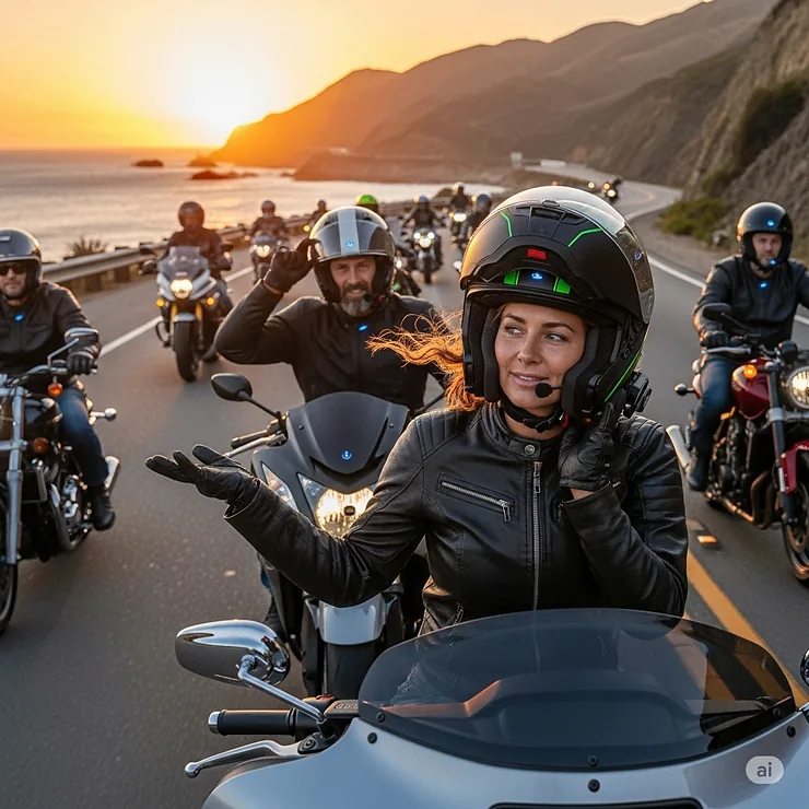 A group of motorcyclists effortlessly communicating through their Bluetooth helmets, demonstrating enhanced group ride safety and coordination.