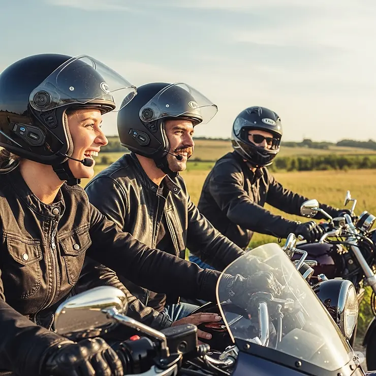 A group of motorcyclists communicating clearly with each other using the intercom feature of their motorcycle helmets with speakers and Bluetooth.