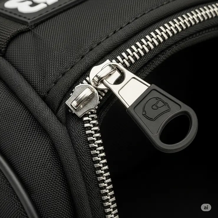 Detail of the heavy-duty, smooth-gliding zipper on a motorcycle helmet bag, designed for secure and easy access.