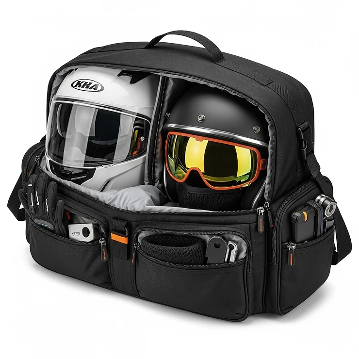 An illustration showing a versatile motorcycle helmet bag accommodating various helmet styles, including full-face and open-face models.