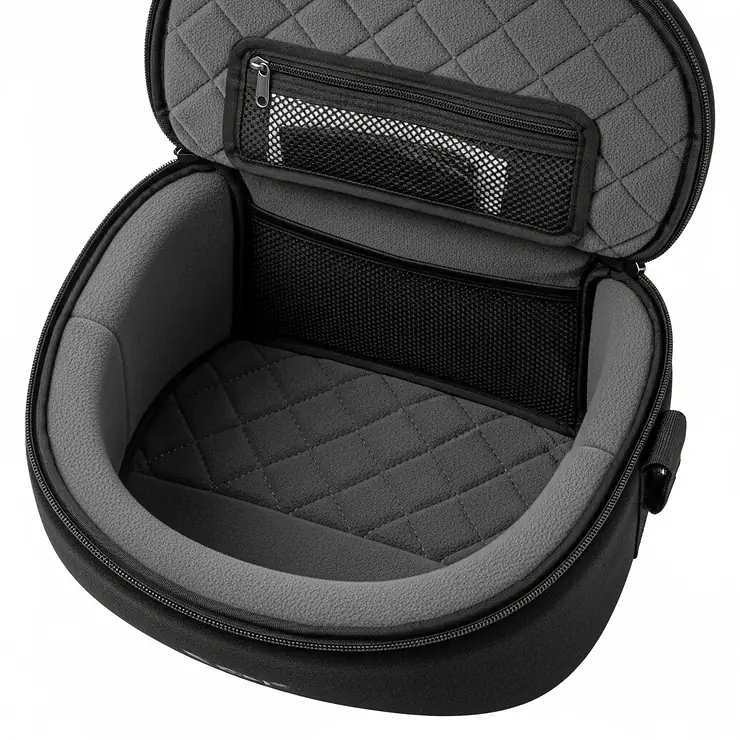 Interior shot of a motorcycle helmet bag, showcasing the soft lining and ample space designed to fit various helmet sizes securely.