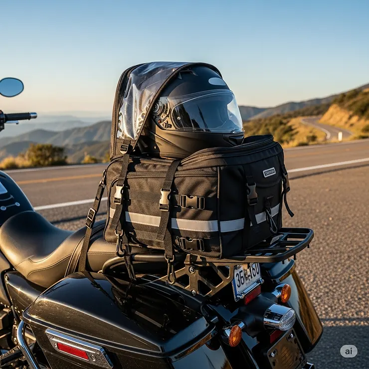 A motorcycle helmet bag securely strapped to the back of a motorcycle, indicating its suitability for bike trips and tours.