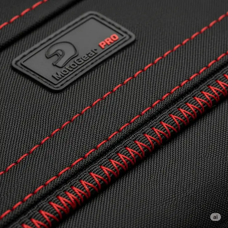 Close-up view of the high-quality, waterproof fabric used in a premium motorcycle helmet bag, showing stitching details.