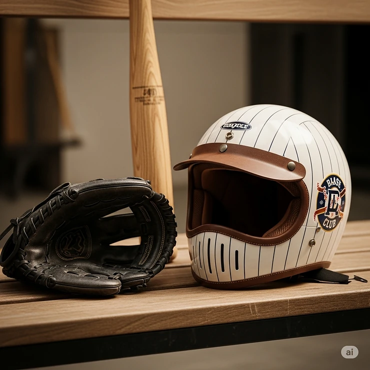 A baseball motorcycle helmet artfully placed next to a baseball bat and glove, illustrating the blend of classic baseball aesthetics with motorcycle gear.