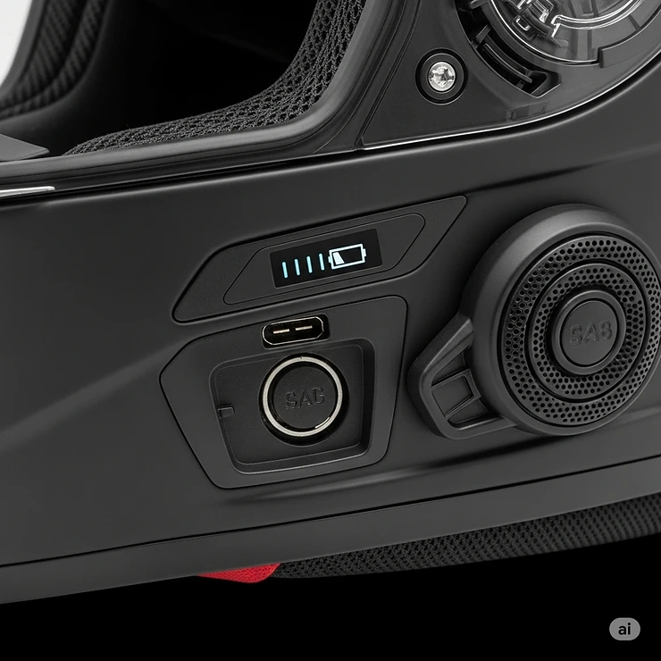 Close-up of the charging port and battery indicator on a motorcycle helmet with speakers and Bluetooth, showing convenient power management.
