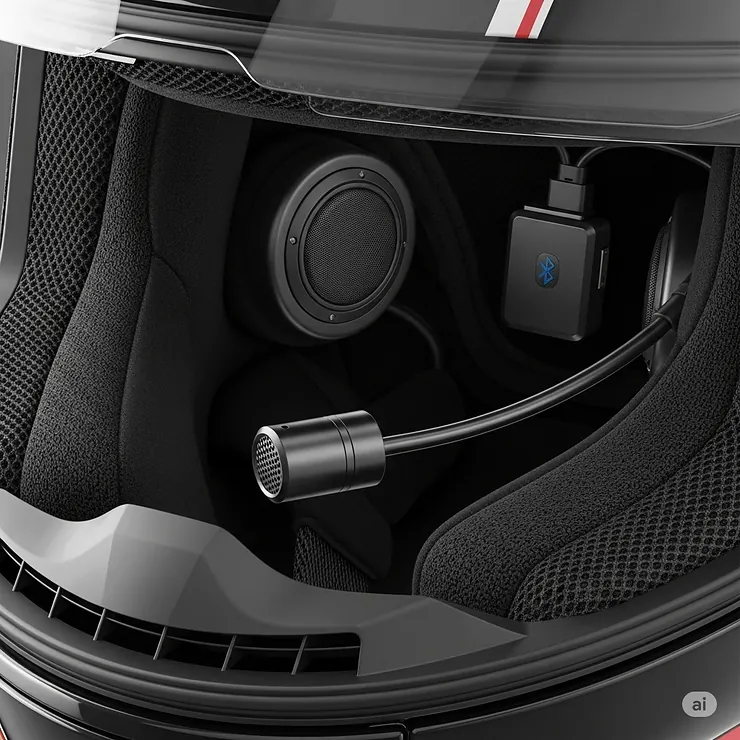 Detail shot of a noise-canceling microphone integrated into a motorcycle helmet with speakers and Bluetooth, designed for crystal-clear voice transmission.