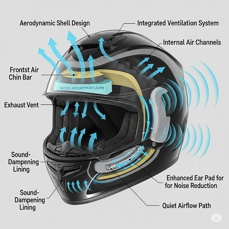 Diagram illustrating how a quiet motorcycle helmet's shell and ventilation system effectively deflect and reduce wind noise for a quieter ride.