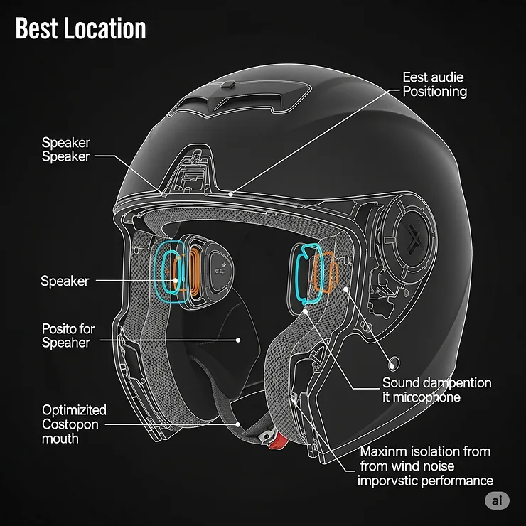 Diagram illustrating optimal speaker placement within a motorcycle helmet, ensuring clear audio for integrated Bluetooth systems.