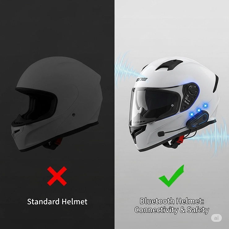 Visual comparison highlighting the transformation from a standard helmet to a Bluetooth helmet, showcasing the added convenience and safety features.