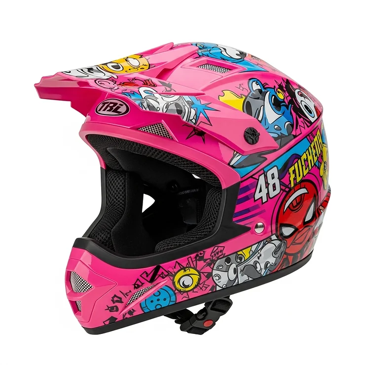 A small, durable pink dirt bike helmet designed for children, featuring fun graphics and a secure chin strap.