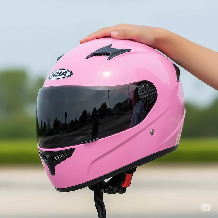 A durable and lightweight kids pink helmet designed for young motorbike or scooter riders, ensuring their safety.