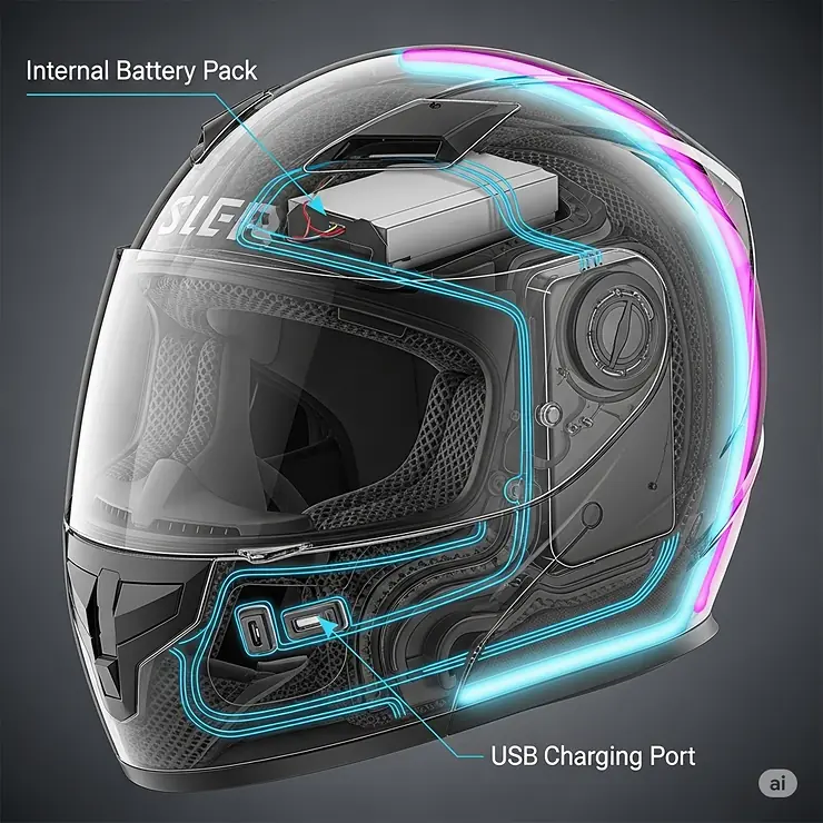 Diagram illustrating the internal battery placement and convenient USB charging port of an LED motorcycle helmet."