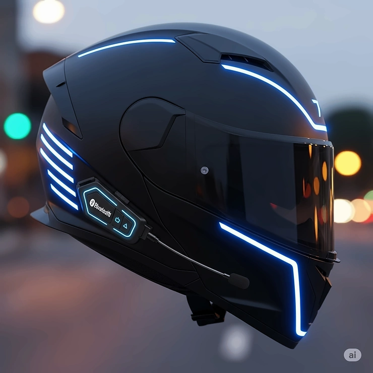 An LED motorcycle helmet with integrated Bluetooth communication system, combining enhanced visibility with hands-free connectivity."