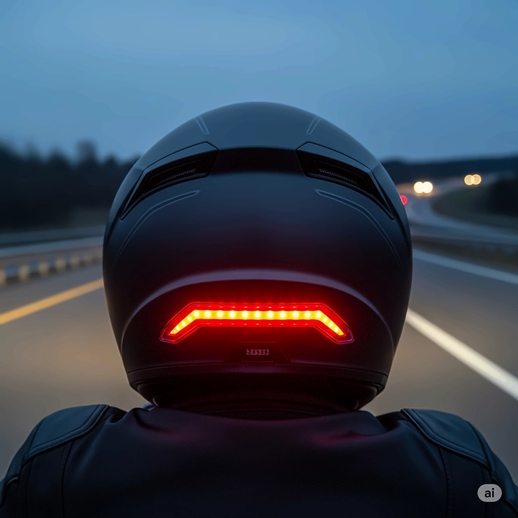 Rear view of an LED motorcycle helmet with integrated brake lights, demonstrating improved signal visibility for following traffic."