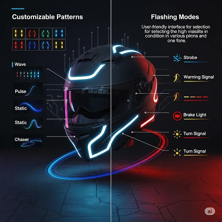 Infographic showcasing various customizable LED light patterns and flashing modes available on an innovative LED motorcycle helmet."