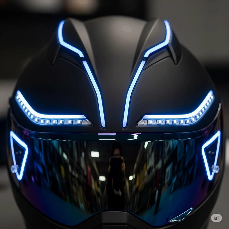 Detailed view of the sleek LED light strips on an advanced LED motorcycle helmet, highlighting their design and functionality."