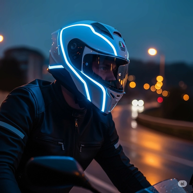 Motorcycle rider wearing an LED motorcycle helmet in low-light conditions, clearly visible due to the illuminated helmet, enhancing safety."