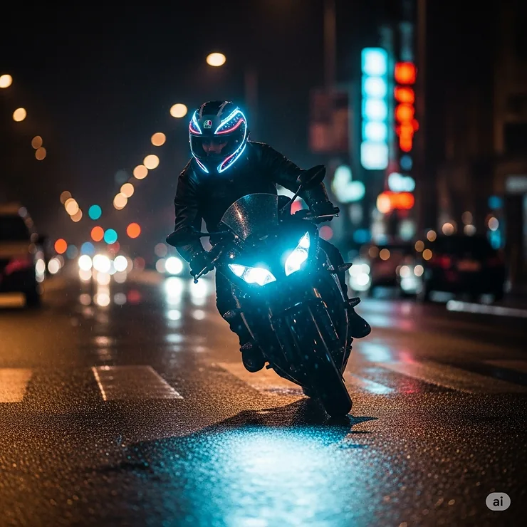 A rider on a motorcycle at night, showcasing the bright, integrated LED lights of a modern LED motorcycle helmet, enhancing visibility and safety."