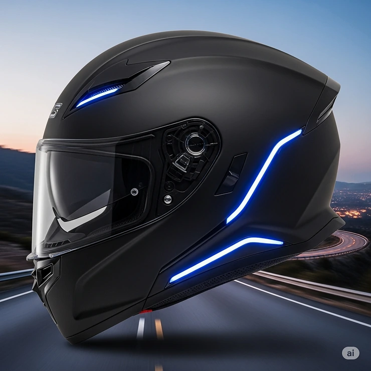 Side profile of a sleek and sporty LED motorcycle helmet, highlighting its aerodynamic design and integrated lighting."