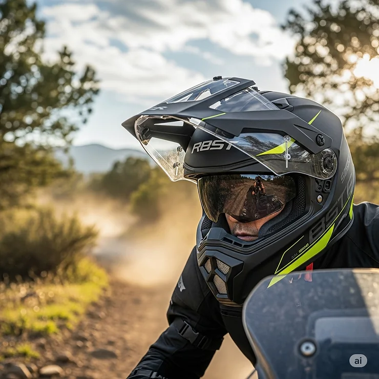A rider wearing a cutting-edge dual sport motorcycle helmet with a visor raised, showing a clear view of an off-road trail. This versatile helmet is ideal for both on-road and off-road adventures, offering excellent protection and comfort. motorcycle dual sport helmets