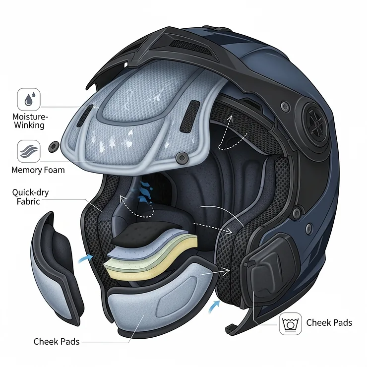 Detail illustration focusing on the removable and washable interior liner of a dual sport helmet, highlighting moisture-wicking fabrics and comfortable padding for extended wear.