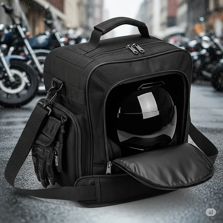 A durable, waterproof motorcycle helmet bag with a carrying strap, perfect for protecting and transporting your helmet.