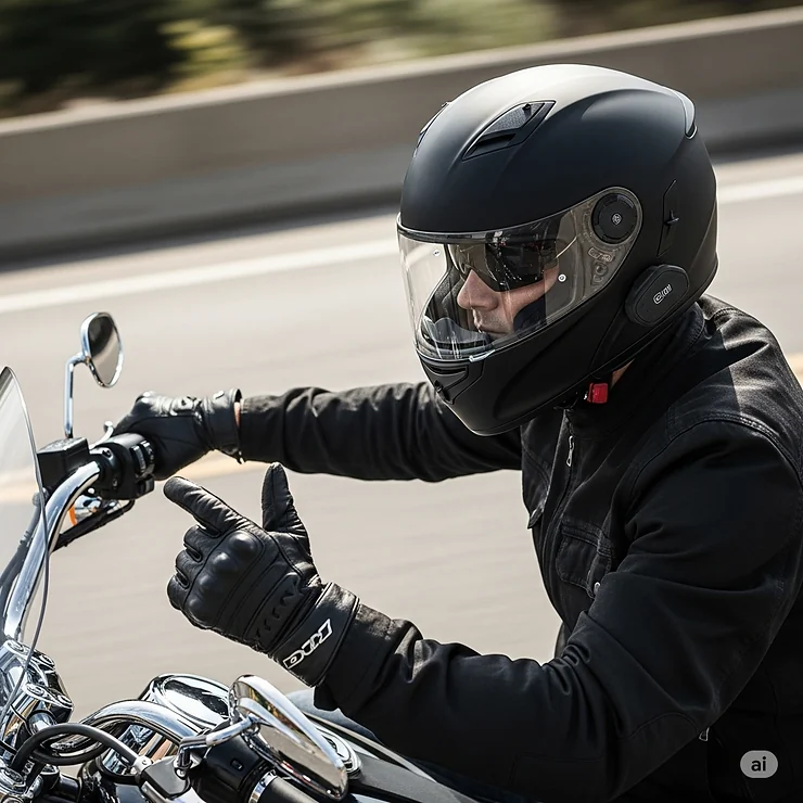 A rider in a sleek black motorcycle helmet with integrated Bluetooth speakers, signaling safety and connectivity on the open road.