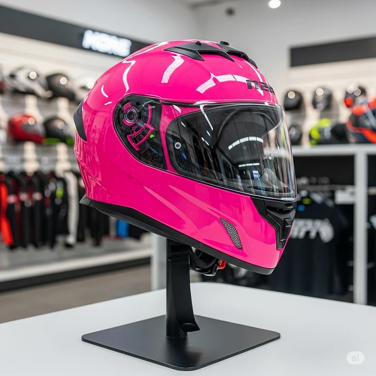 A brand new pink motorcycle helmet displayed prominently on a stand in a retail store, showcasing its design and features.