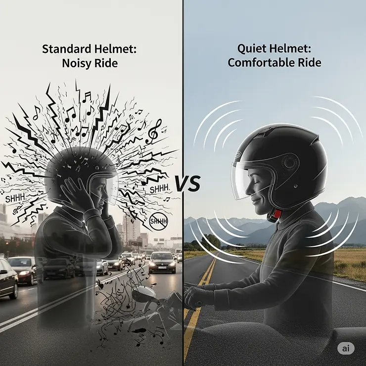 Conceptual illustration comparing a standard noisy helmet with a quiet motorcycle helmet, highlighting the significant difference in rider comfort.