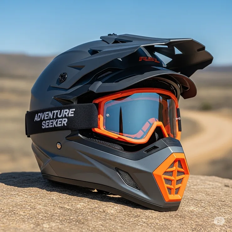 A rugged dual sport helmet designed for off-road adventures, paired with high-performance dirt bike goggles for superior eye protection.