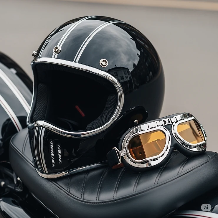 Close-up of an open face motorcycle helmet paired with retro goggles, emphasizing the customizable rider experience.