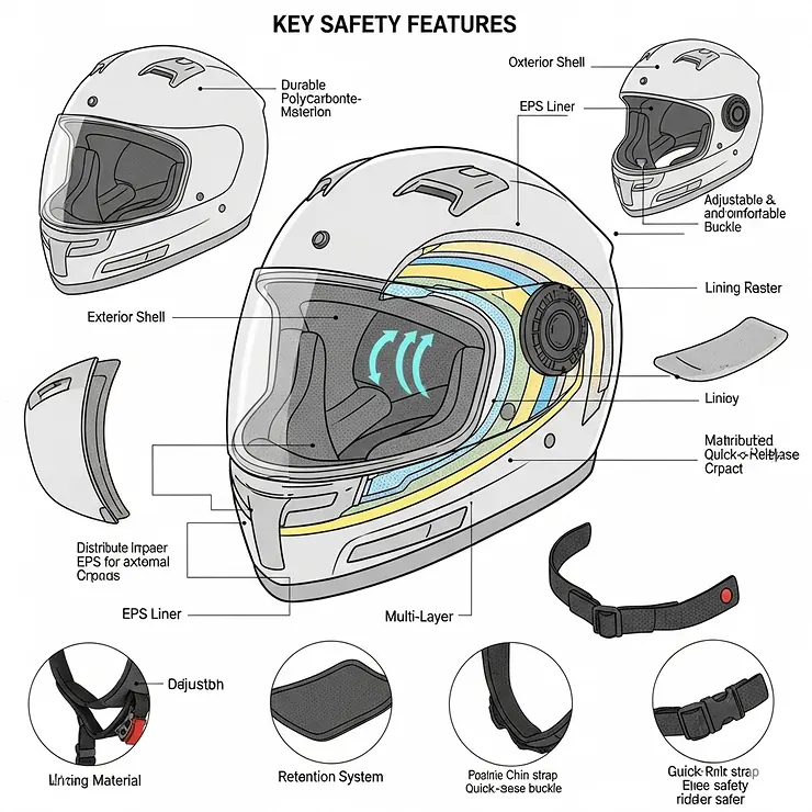 Diagram illustrating the key safety features of a modern open face motorcycle helmet, including shell construction and impact absorption.