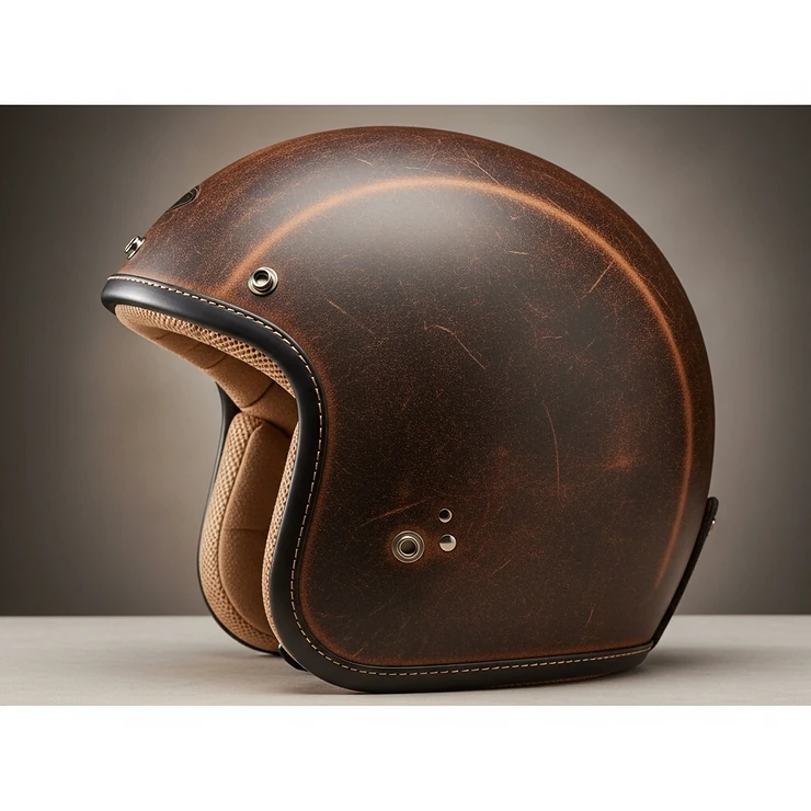 Side view of a vintage-style open face motorcycle helmet, showcasing its sleek design and comfortable padding.