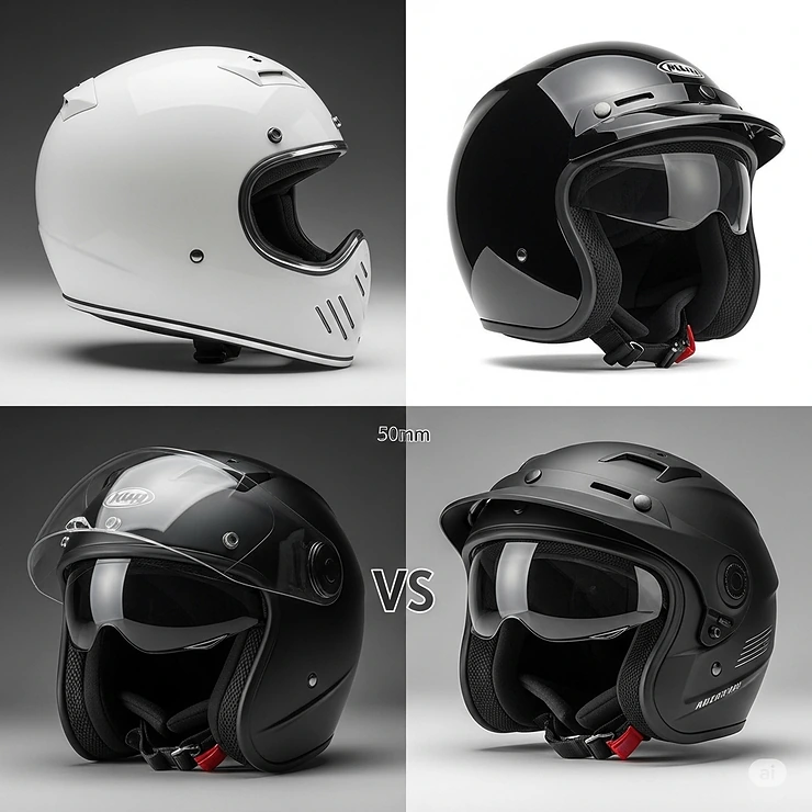 Comparison of different open face motorcycle helmet styles, from minimalist designs to more robust models for various rider preferences.