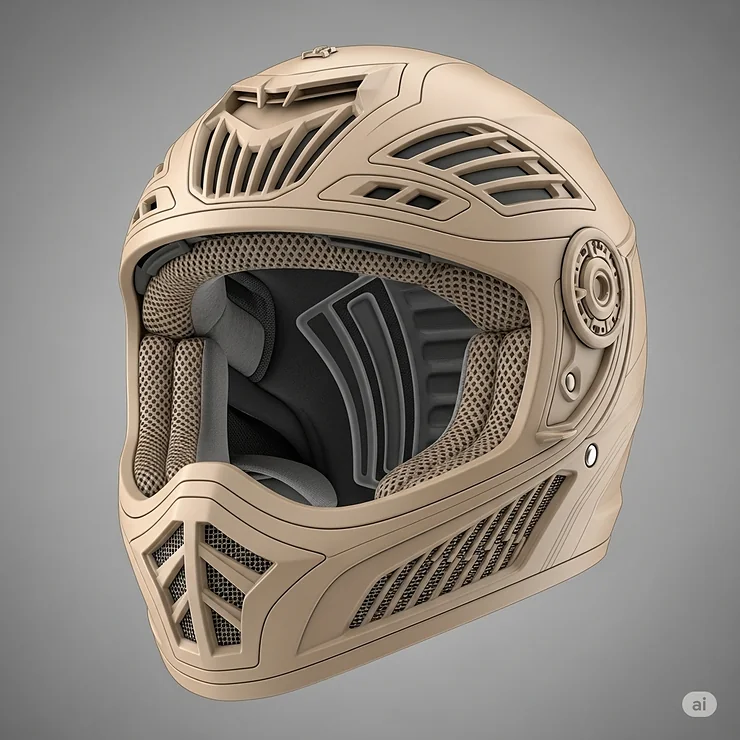 Detailed shot of an open face motorcycle helmet highlighting its advanced ventilation system for optimal airflow and comfort.