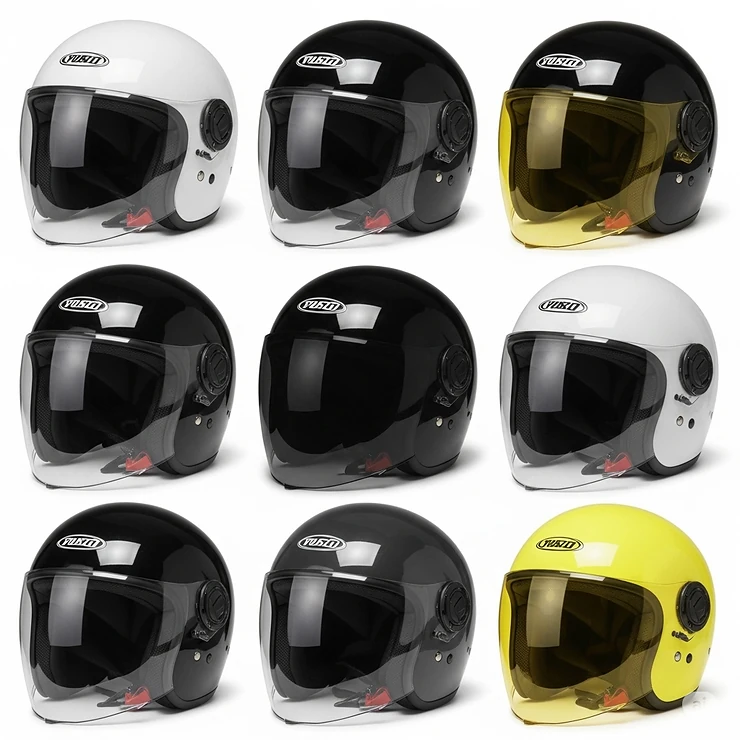 An array of open face motorcycle helmets displaying various visor options, from clear to tinted, for different riding conditions.