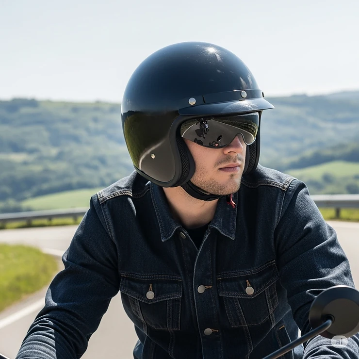 A rider confidently cruising on a scenic road, wearing a classic black open face motorcycle helmet with integrated sun visor.