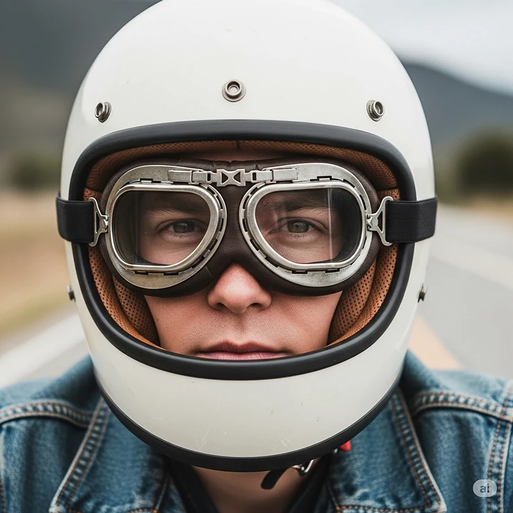 Rider wearing an open-face novelty motorcycle helmet paired with vintage-style goggles, showcasing a classic and airy helmet option.