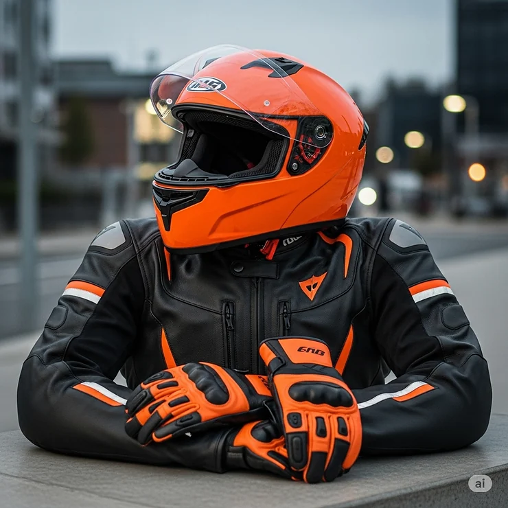 An orange motorcycle helmet stylishly paired with coordinating riding jacket and gloves, demonstrating a complete safety and style ensemble.