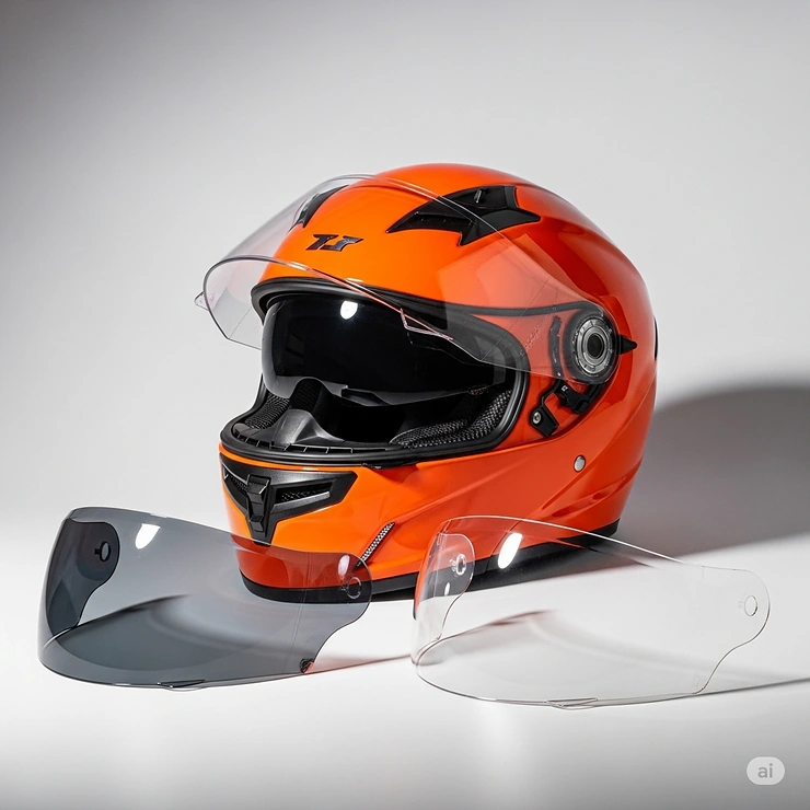 An orange motorcycle helmet displayed with interchangeable visors, including tinted and clear options for various riding conditions.