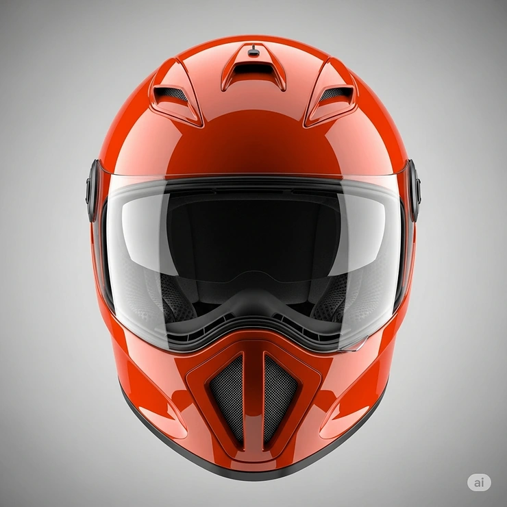 Front view of a glossy orange motorcycle helmet, showcasing its clear visor and ventilation system for optimal airflow.