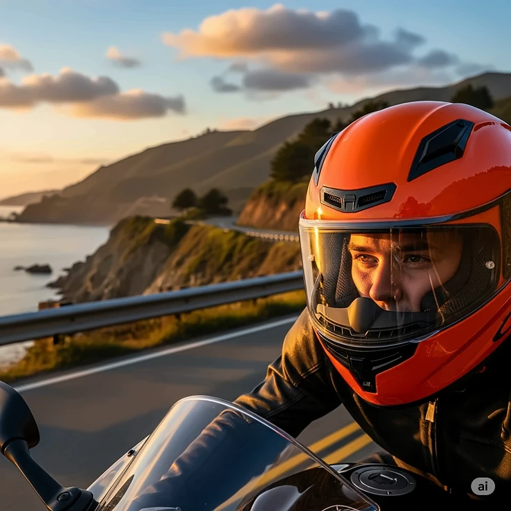 A vibrant orange motorcycle helmet worn by a rider on a scenic road, highlighting its aerodynamic design and safety features.