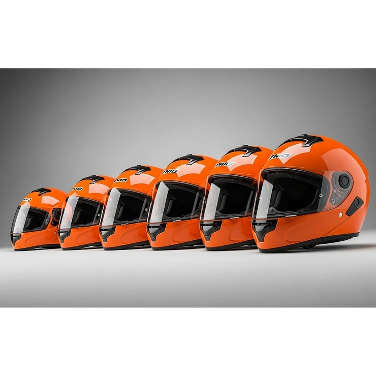 A lineup of orange motorcycle helmets in various sizes, from small to extra-large, to ensure a perfect fit for every rider.
