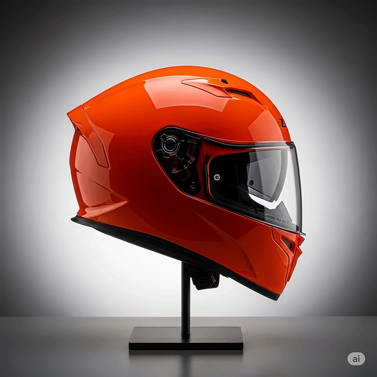 A pristine orange motorcycle helmet presented on a display stand, showcasing its sleek lines and durable shell in a studio setting.